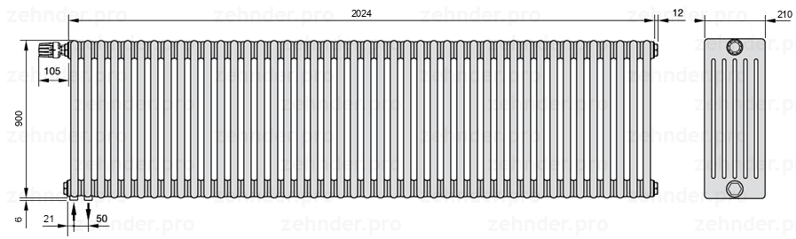 Схема (чертеж) Радиатор Zehnder Charleston 6090/44 №V001 Белый глянцевый RAL 9016